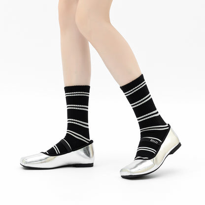Retro Striped Cotton Mid-Calf Socks for Women