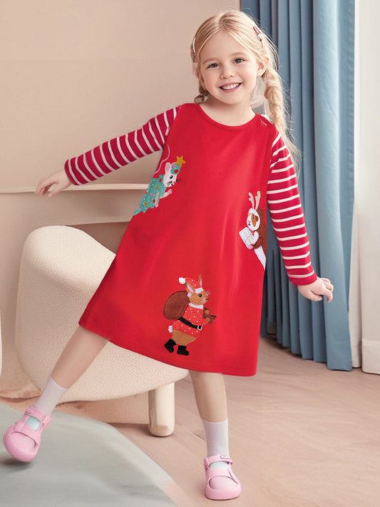 Cartoon Striped Long Sleeve Dress for Girls