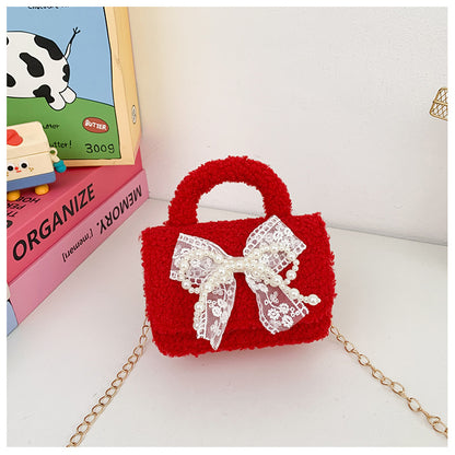 Cute Plush Red Children’s Handbag with Bow Design