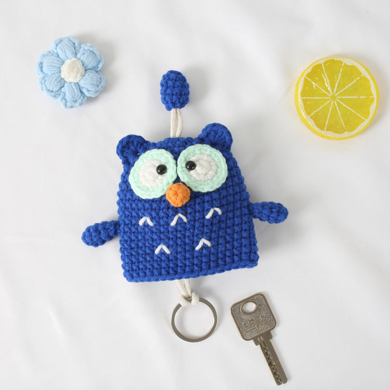 Cute Cartoon Owl Keychain Pouch Hand-Woven Cotton Bag