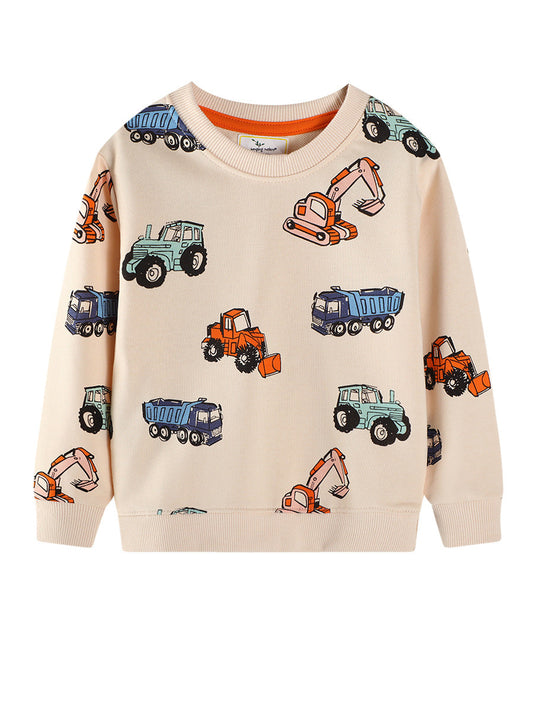 Cute Boys' Sweatshirt with Excavator Design - Soft Cotton Casual Wear