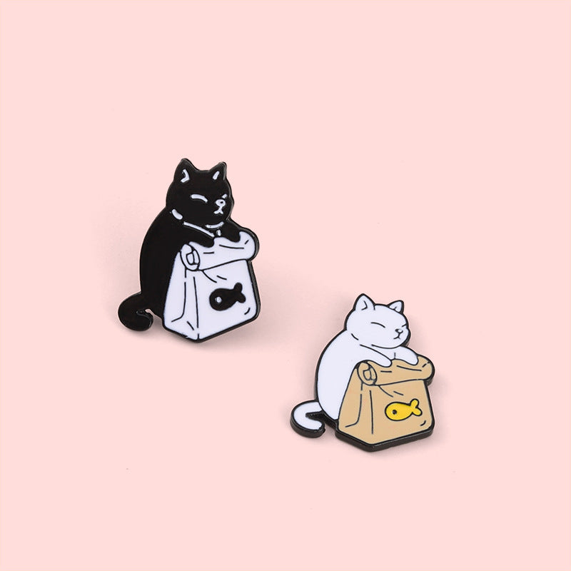 Cute Black and White Cat Badge Alloy Brooch