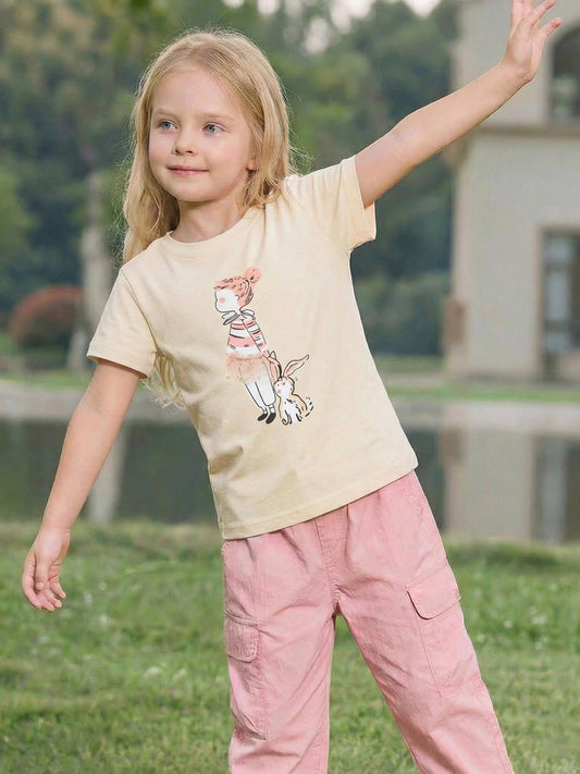 Girls' 3D Rabbit Print T-Shirt with Soft Skirt
