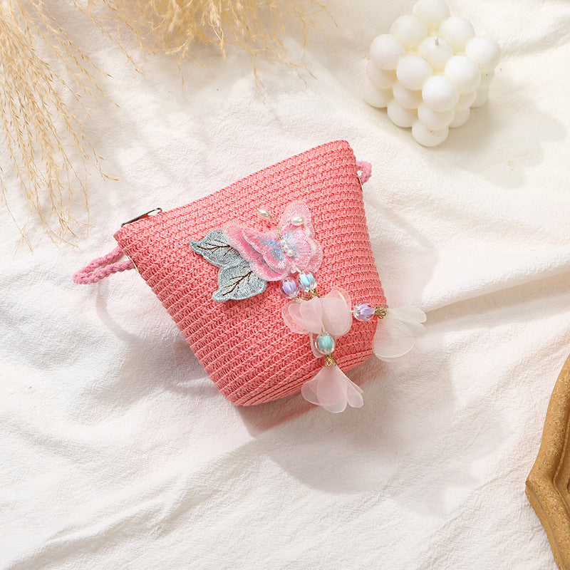 Woven Beach Bag with Butterfly Tassels for Girls
