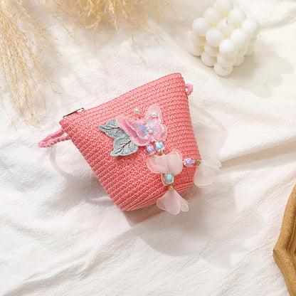 Woven Beach Bag with Butterfly Tassels for Girls
