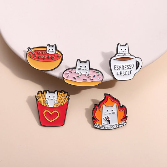 Cute Cartoon Cat Food Brooches Animal Badge Stylish Accessory