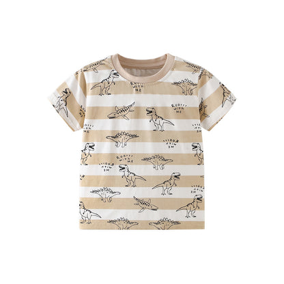 Cartoon Dinosaur Striped Short Sleeve T-Shirt for Boys