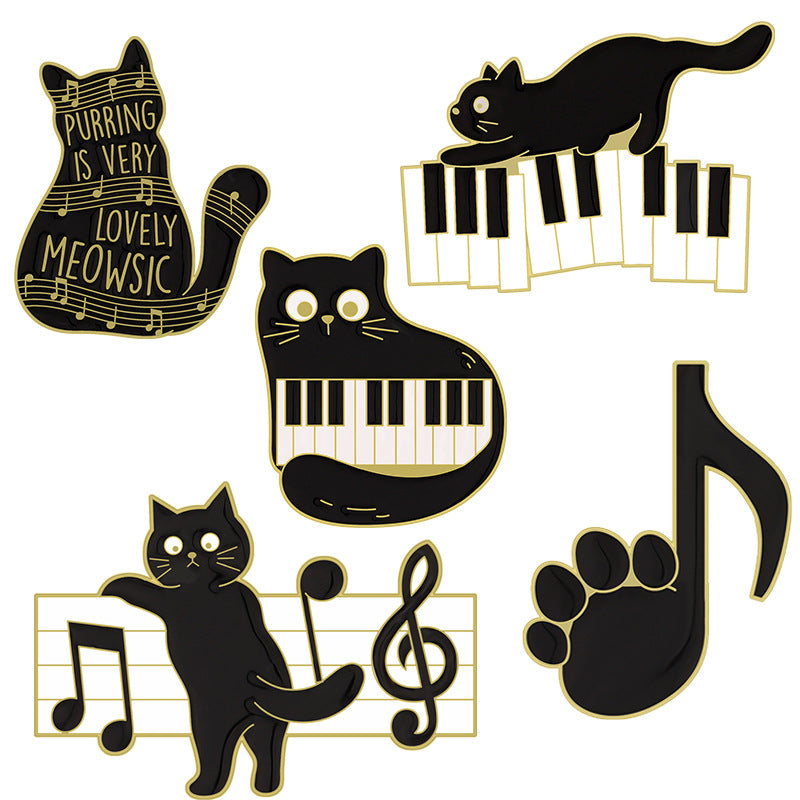 Cool Cartoon Black Cat Piano Brooch Cute Animal Lapel Pin