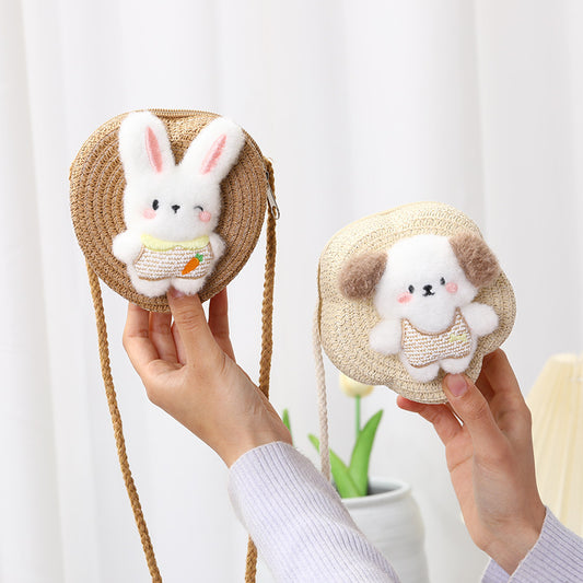 Cute Kids Crossbody Bags Plush Animal Woven Beach Bags