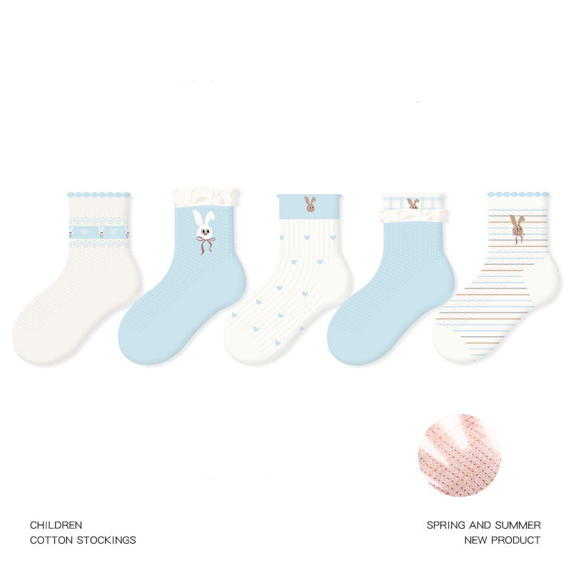 Kids Cotton Socks Cute Bunny Grid Breathable Mesh