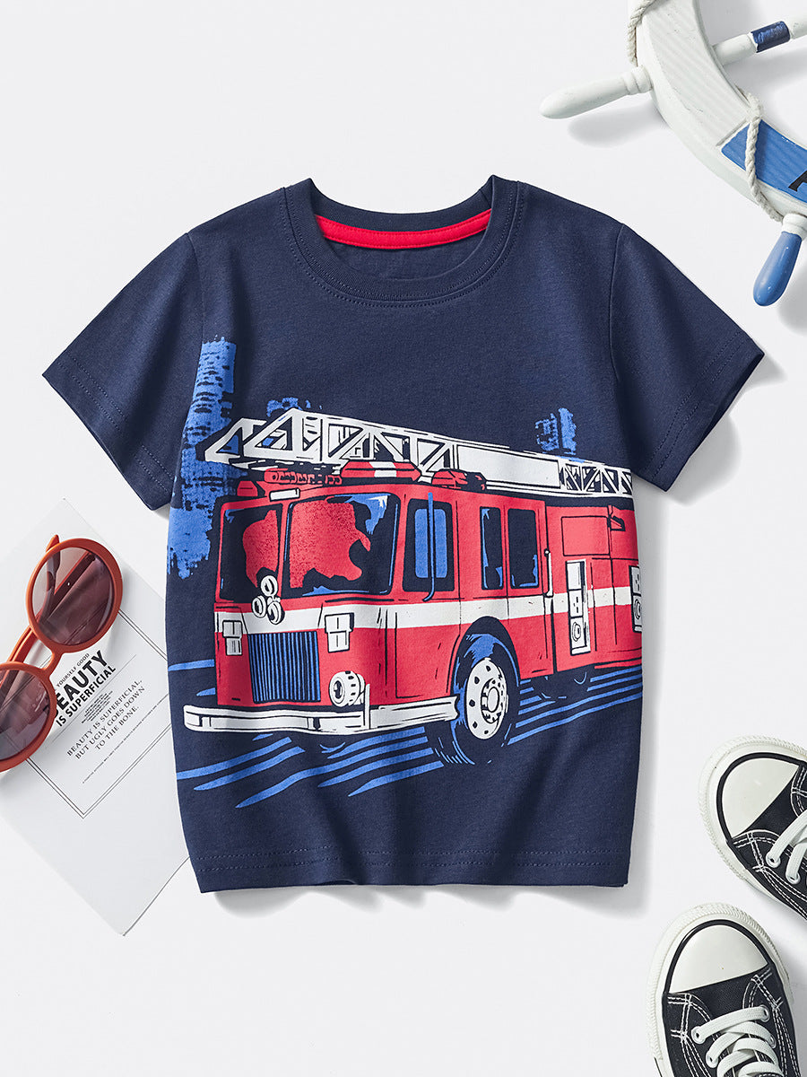 Cartoon Fire Truck Cotton Kids T-Shirt for Boys