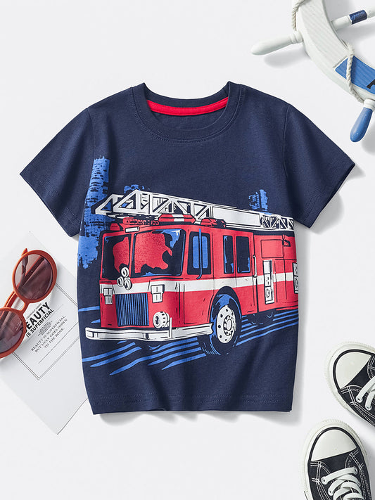 Cartoon Fire Truck Cotton Kids T-Shirt for Boys