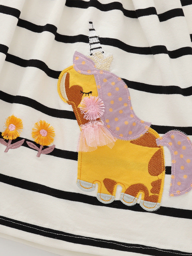 Girls' Striped Long Sleeve Dress Soft Cotton Princess Dress