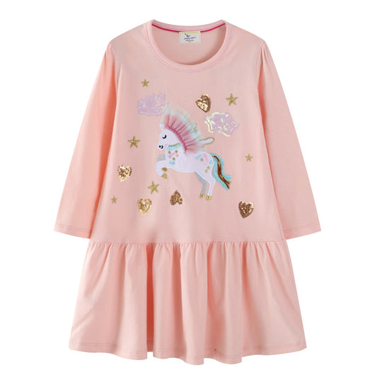 Unicorn Embroidered Long Sleeve Dress for Girls