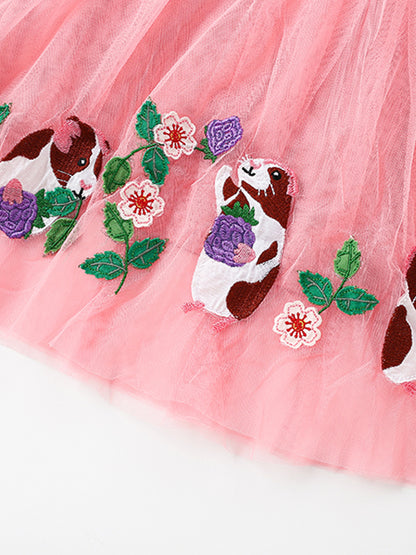 Animal Embroidered Striped Kids Dress with Ruffle Sleeves