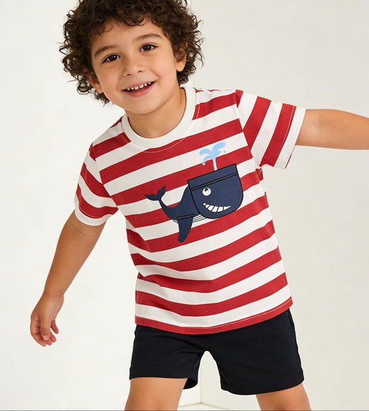 Cartoon Shark Print Striped Short Sleeve T-Shirt for Kids