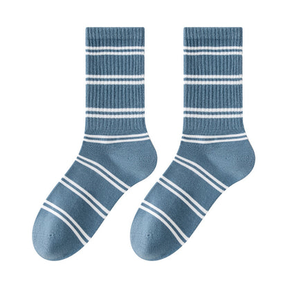 Retro Striped Cotton Mid-Calf Socks for Women