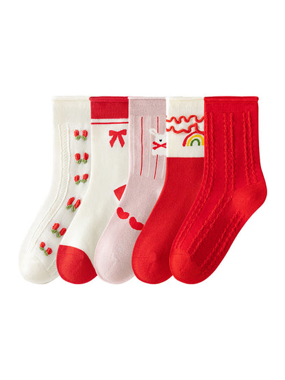 Red Floral Pattern Mid-Calf Cotton Socks for Kids