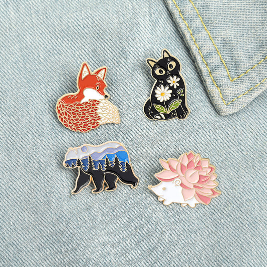 Cute Animal Brooch Set - Fox, Black Cat, Hedgehog - Alloy Enamel Pins