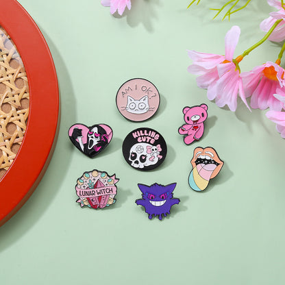 Pink Skull Bear Metal Brooch Geometric Cute Cat Pin