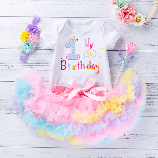 Summer Baby Girl Birthday Party Outfit Floral Romper Dress 3-Piece Set