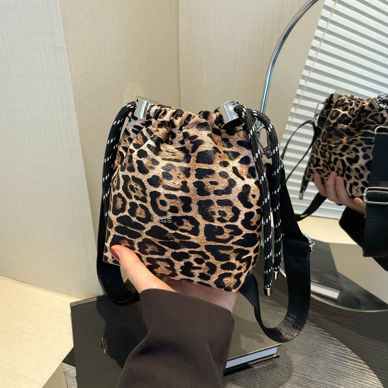 Trendy Drawstring Bucket Bag Leopard Print Mini Shoulder Bag