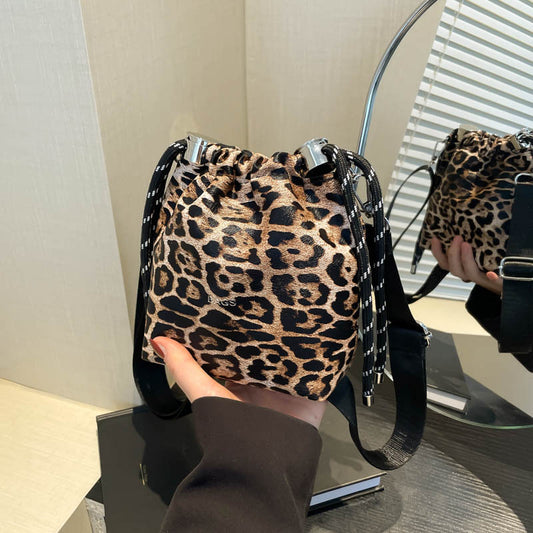 Trendy Drawstring Bucket Bag Leopard Print Mini Shoulder Bag
