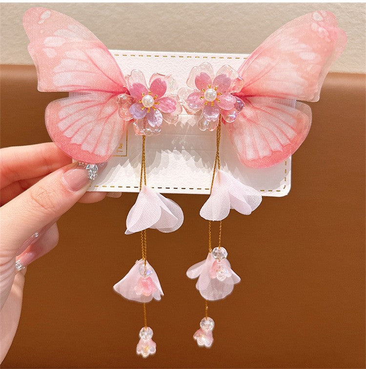 Children's Butterfly Pearl Hair Clips with Tassels