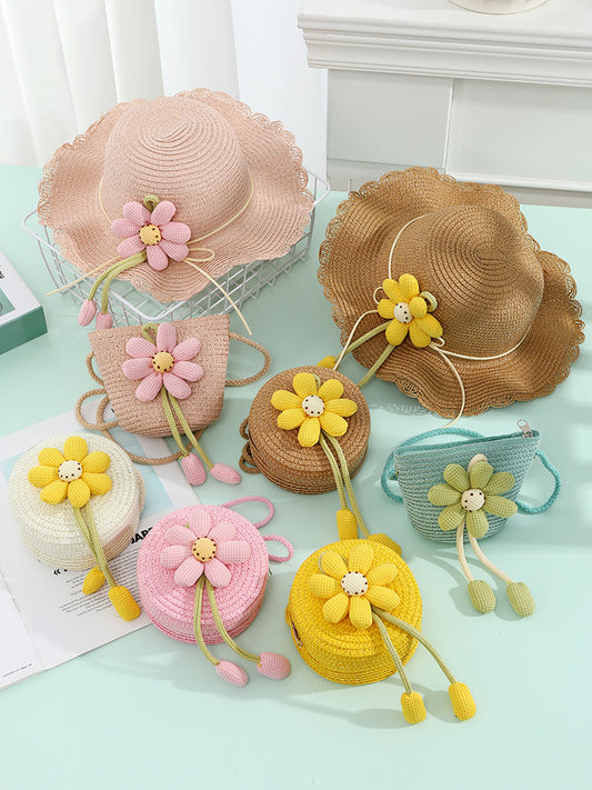 Children's Woven Straw Bag with Flower Design