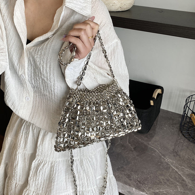 Trendy Beaded Woven Handbag with Chain Strap