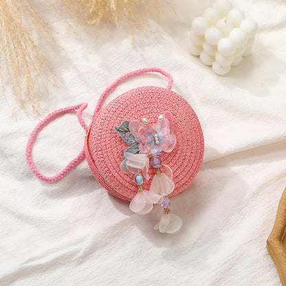 Woven Beach Bag with Butterfly Tassels for Girls