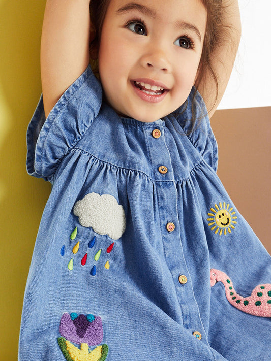 Denim Dress for Girls with Cute Cartoon Embroidery