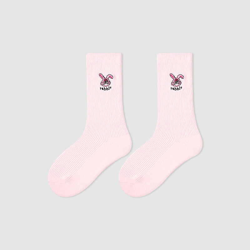 Kids Mid Calf Animal Embroidered Cotton Socks