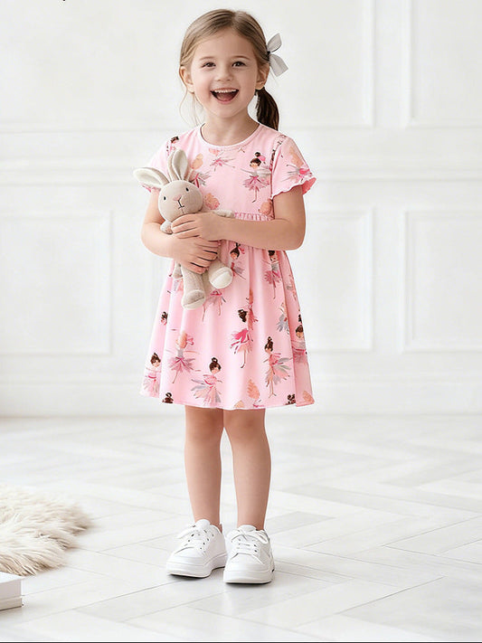 Cute Cartoon Printed Short Sleeve Princess Dress for Girls