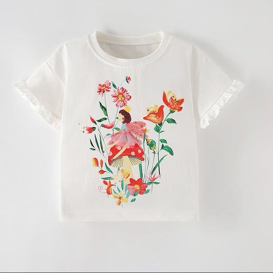Girls' Cartoon Floral Cotton T-Shirt Trendy Casual Top