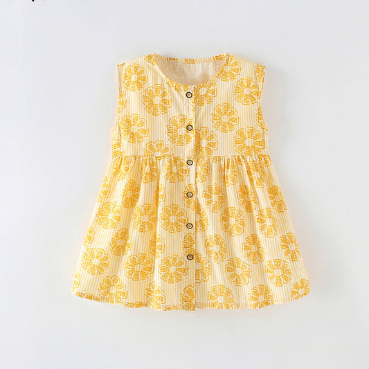 Girls' Sleeveless Cotton Dress With Cartoon Design
