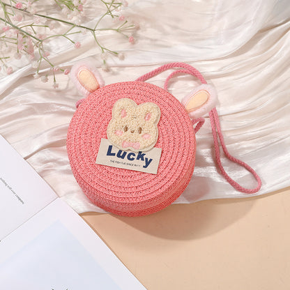 Cute Woven Straw Bag for Girls - Cartoon Design - Breathable Material - Casual Use