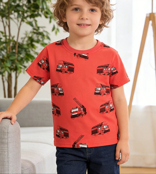 Cartoon Car Short Sleeve T-Shirt Soft Cotton Kids Top