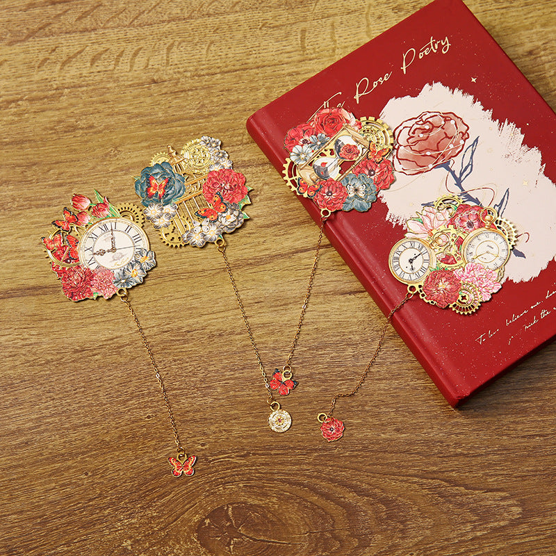 Metal Filigree Clock Bookmark With Tassel Gift