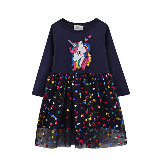 Girls' Spring Princess Dress Heart Pattern Cotton Long Sleeve Dress