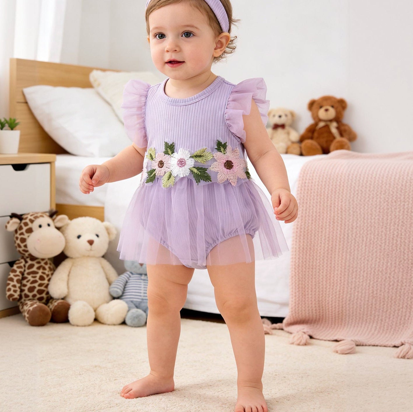 New Cute Floral Sleeve Baby Girl Mesh Romper Dress Set