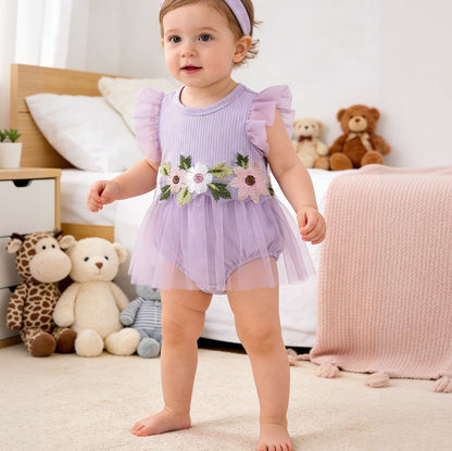 New Cute Floral Sleeve Baby Girl Mesh Romper Dress Set