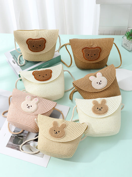 Cute Woven Beach Bag with Bunny and Bear Design