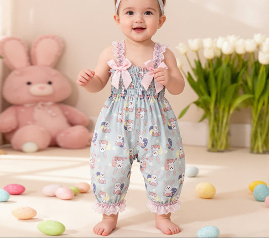 Princess Bunny Print Lace Romper with Lantern Pants Set