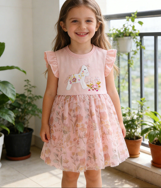 Unicorn Embroidered Tulle Dress Cute Princess Dress for Girls