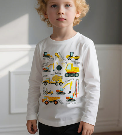Kids Long Sleeve Cartoon Excavator T-Shirt Casual Cotton Top