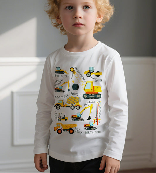 Kids Long Sleeve Cartoon Excavator T-Shirt Casual Cotton Top