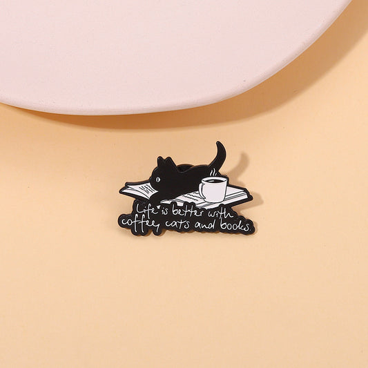 Black Cat Book Brooch Metal Pin Badges