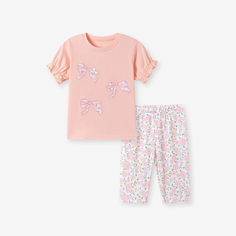 Cute Bow Summer Outfit for Baby Girls Cotton Two-Piece Set