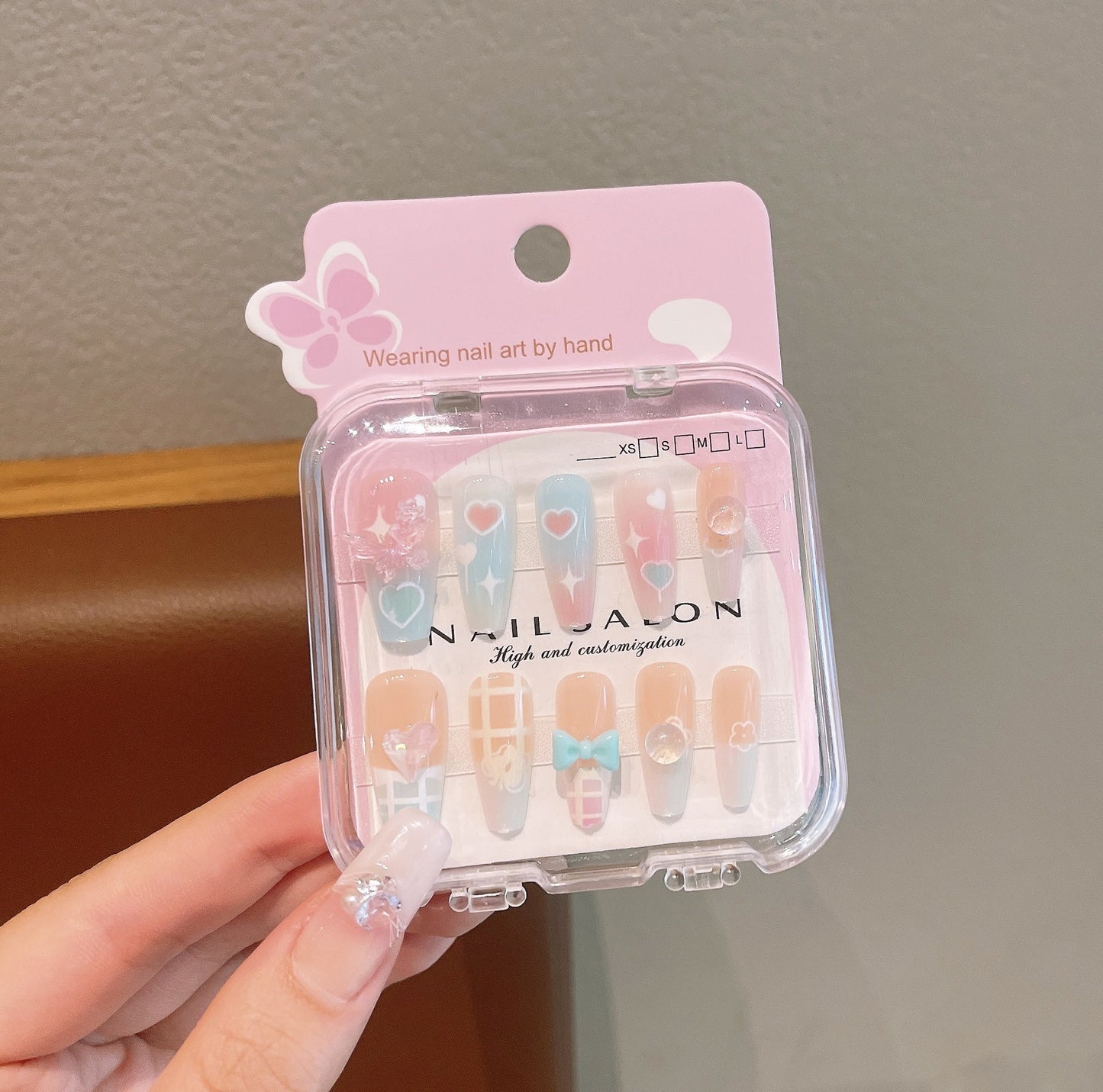 Cute Cartoon Long Nail Stickers with Heart Bow for Kids
